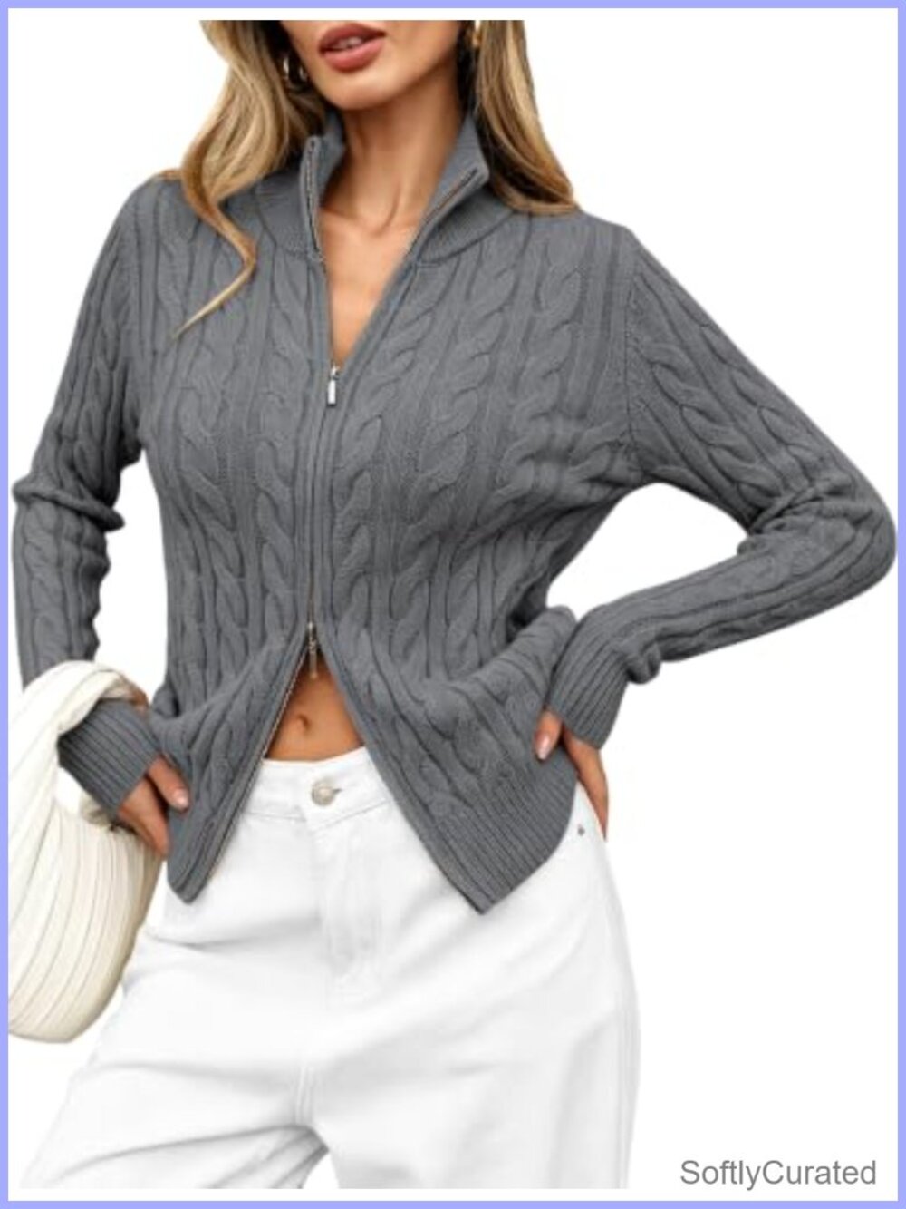 Women's Cable Knit Two-Way Zip Cardigan Sweater Long Sleeve Mock Neck